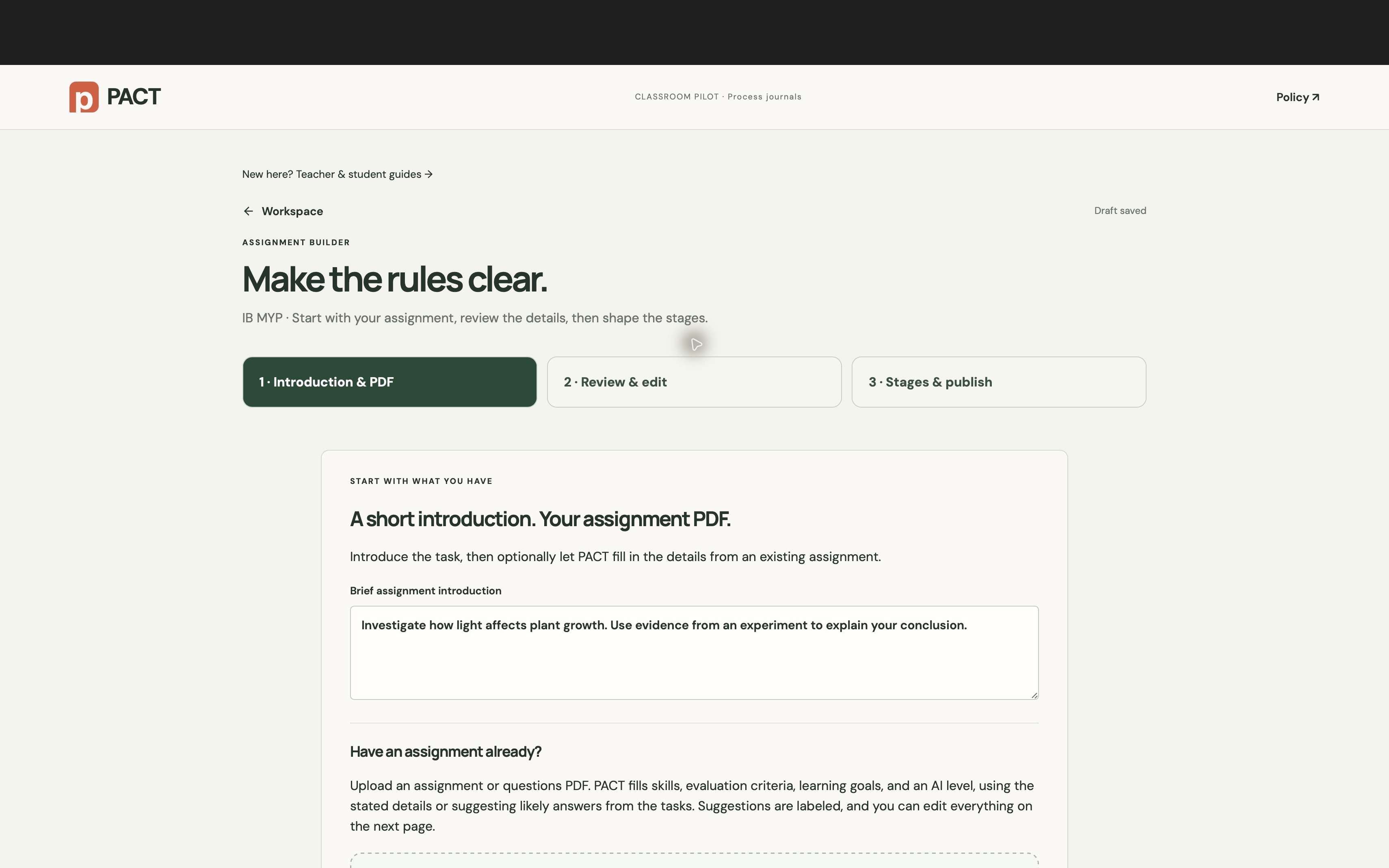 PACT screen: Step 1: start with the assignment you already have; the PDF is optional.