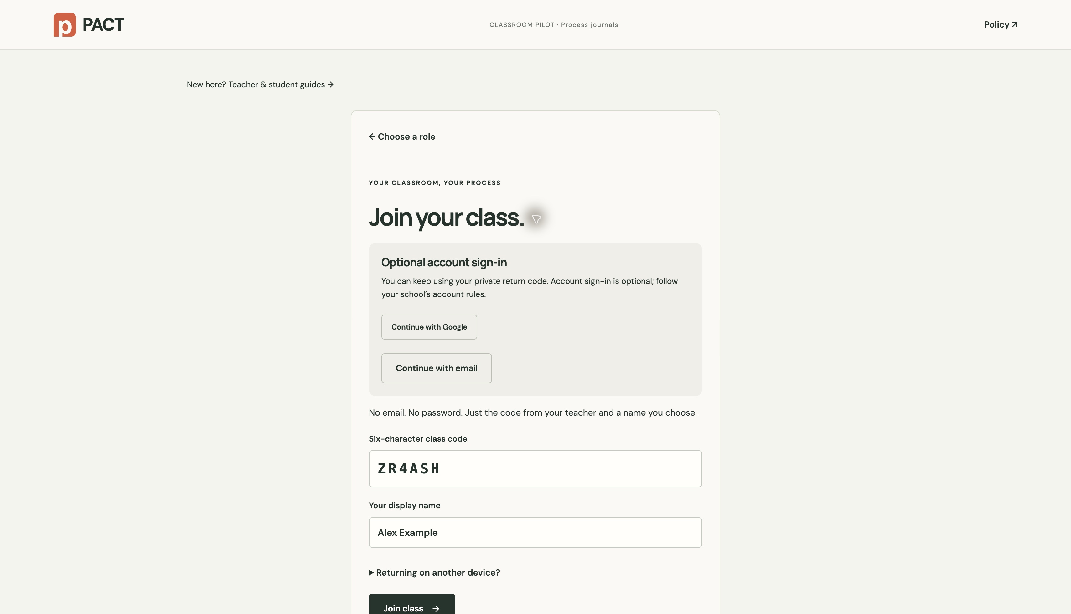 PACT screen: Your class code identifies the class. Your private return code protects your journal.